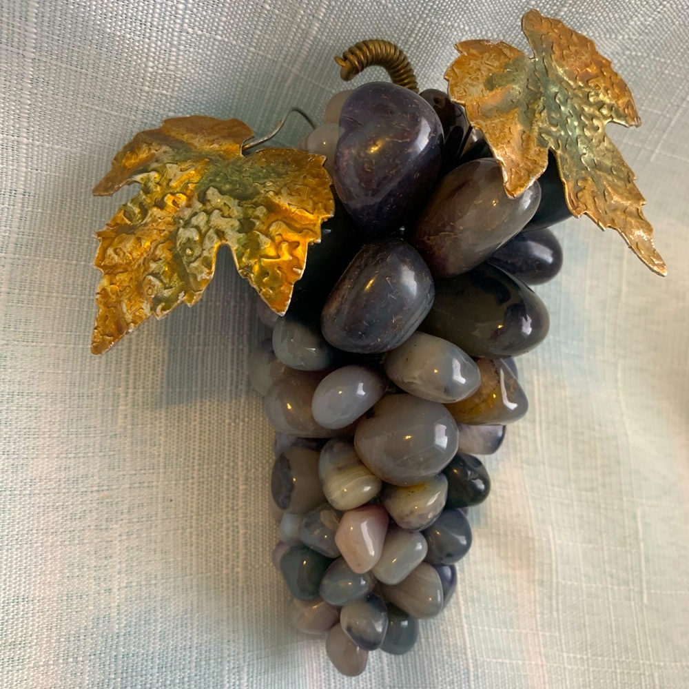 Bunch of Grapes Purple Rocks Gold Metal Leaves Stem Vintage Nature Wine Decor